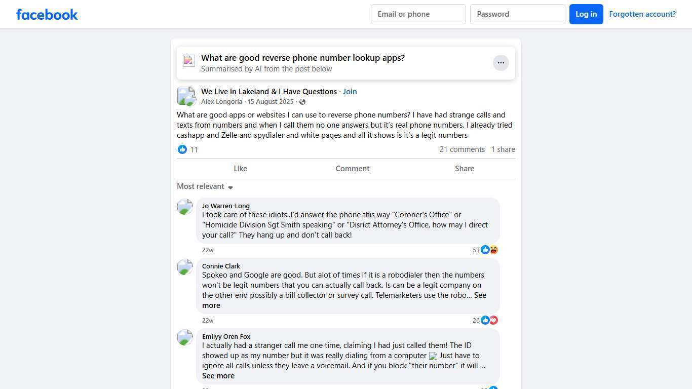 We Live in Lakeland & I Have Questions | What are good apps or websites I can use to reverse phone numbers | Facebook